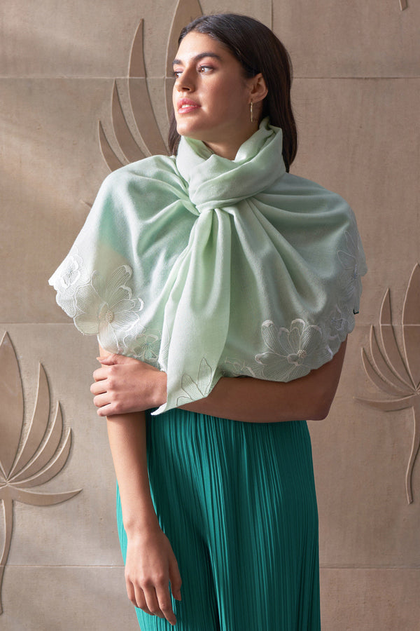 Magnolia Bloom Embroidered Wool Silk Stole